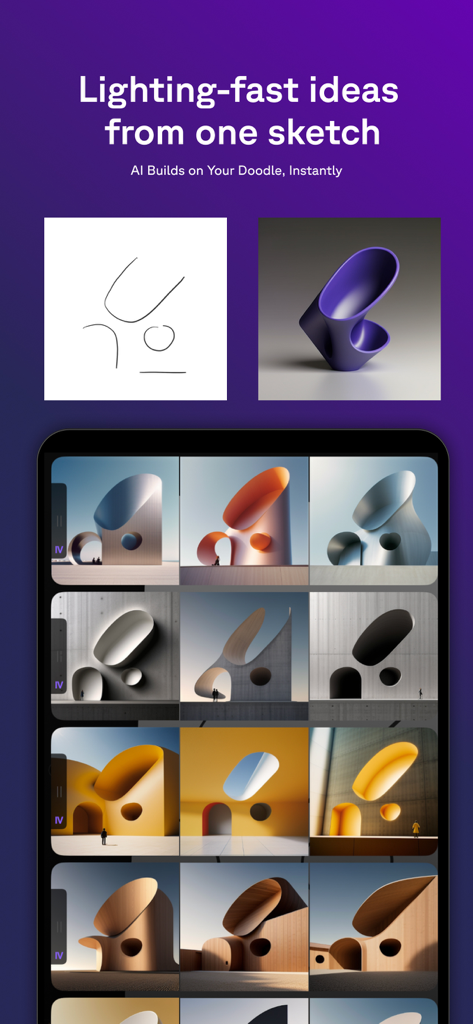 Hypersketch - Hypersketchアプリは、簡単な落書きがAIを使用してさまざまな3D建築および製品デザインコンセプトに変換されている様子を示しています