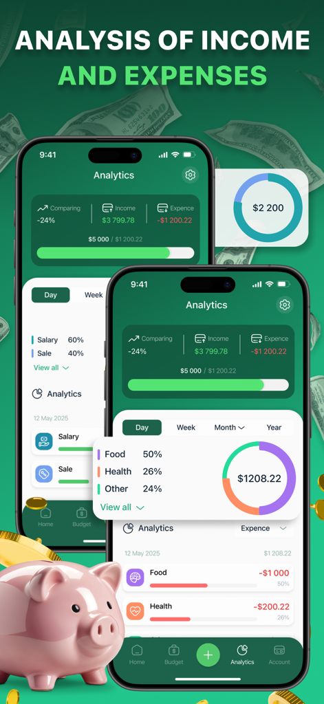 Mobile app analytics screen showing income and expense breakdown with visual charts and categories.