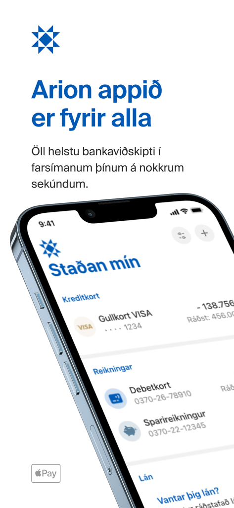Arion banki - Arion banki mobile app dashboard showing account balances and credit card information