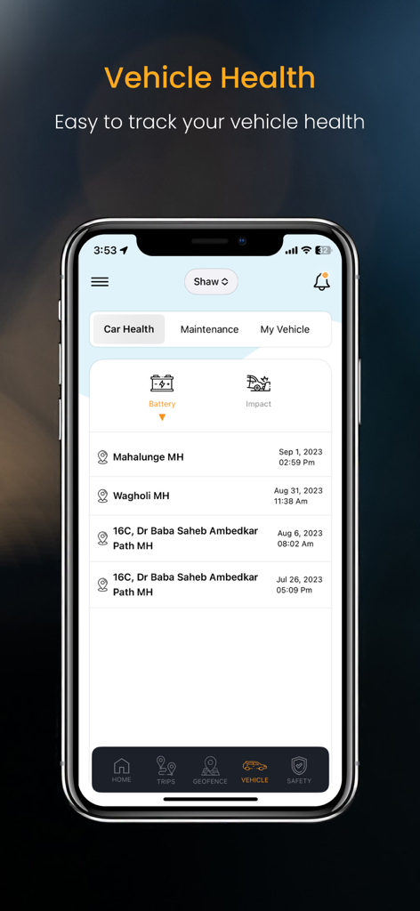 Carot - Upgrade to a Smart Car - Carot app screen displaying vehicle health diagnostics and battery status.