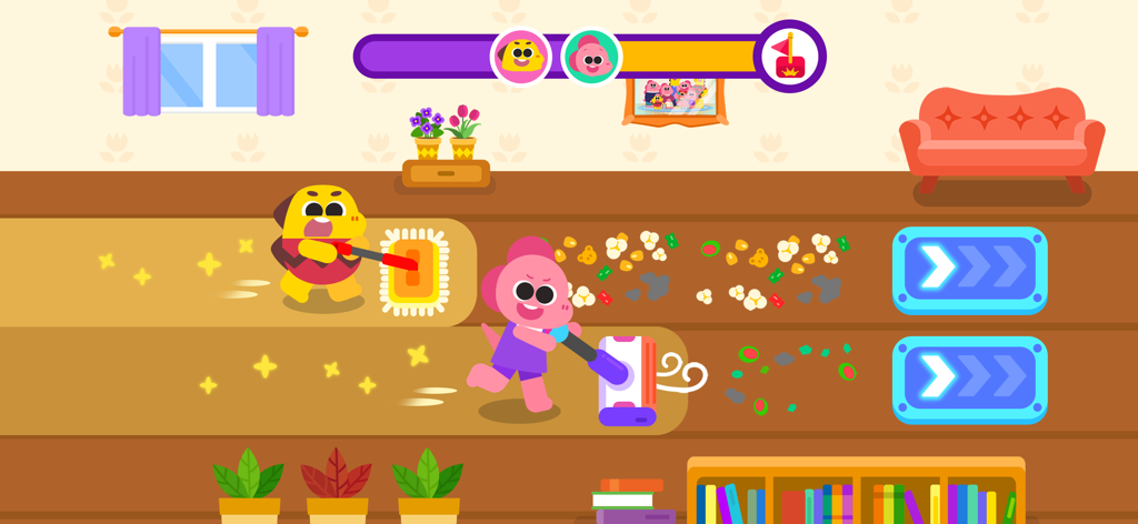 Cocobi Home Clean Up - Decor - Dos lindos dinosaurios, Coco y Lobi, limpiando el suelo con una fregona y una aspiradora en un juego educativo para niños