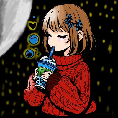 manga girl drinking boba in cozy sweater