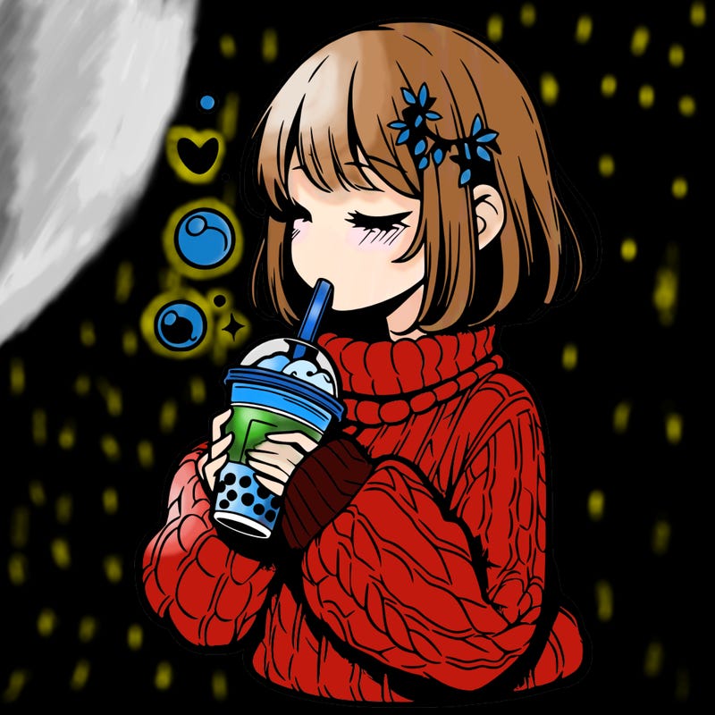 manga girl drinking boba in cozy sweater