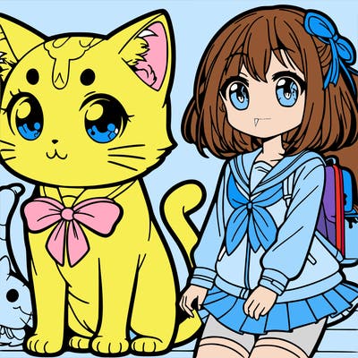 a anime cat with a anime girl standing next to the cat