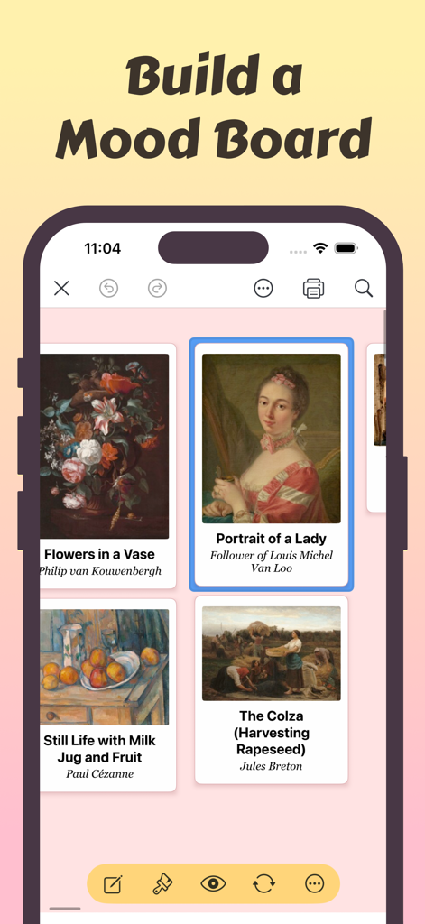 Card Buddy - Index Cards - Card Buddy mobile app interface showing a visual mood board created with image-based index cards featuring classical paintings