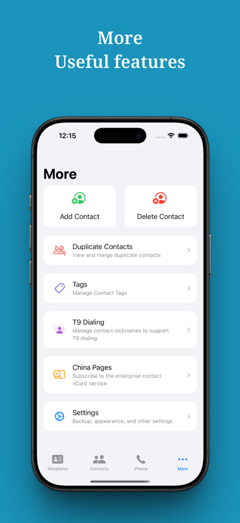 Screenshot of ContactHelper app showing features like T9 dialing settings and contact tagging options.