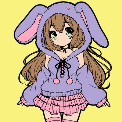 pretty anime girl wearing a fluffy hoodie with bunny ears on the hood and a skirt