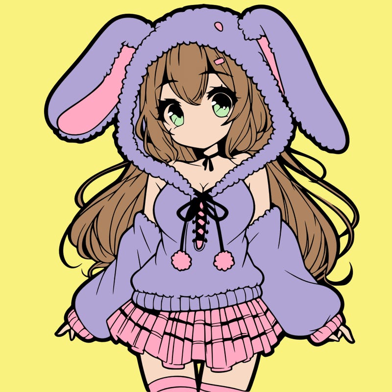 pretty anime girl wearing a fluffy hoodie with bunny ears on the hood and a skirt