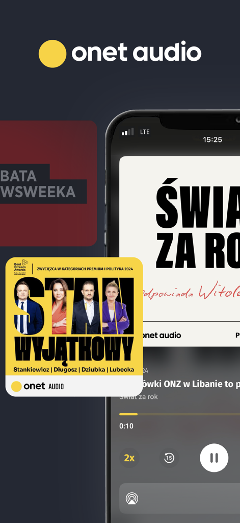 Onet Audio mobile app interface showing Polish podcasts and audio player