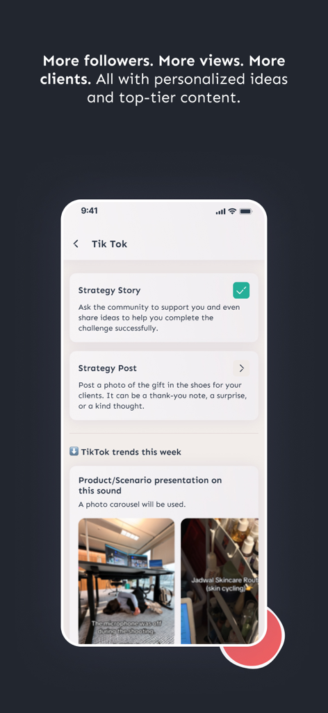 Transform the Day - App interface showing TikTok strategy suggestions and weekly trending content ideas for social media marketing