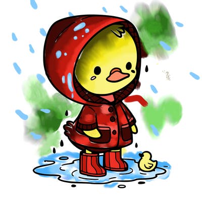 baby duck in a rain coat and boots, in a puddle while it’s raining
