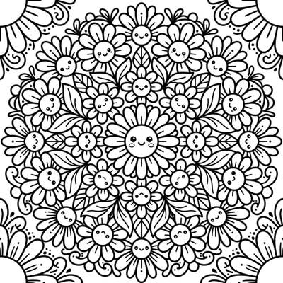 Experience pure delight with this charming Kawaii Daisy Mandala coloring page, featuring a symmetrical explosion of happy, smiling flowers. Its intricate yet adorable design promises a wonderfully engaging and relaxing coloring session.