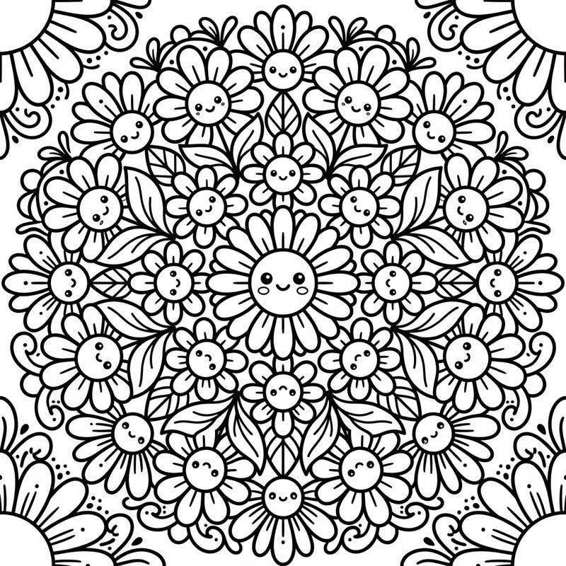 Experience pure delight with this charming Kawaii Daisy Mandala coloring page, featuring a symmetrical explosion of happy, smiling flowers. Its intricate yet adorable design promises a wonderfully engaging and relaxing coloring session.