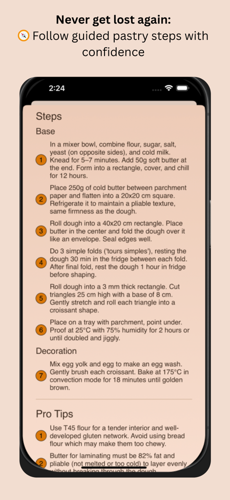 Pastry Recipes - Detailed step-by-step pastry baking instructions and professional tips shown on a mobile app interface.