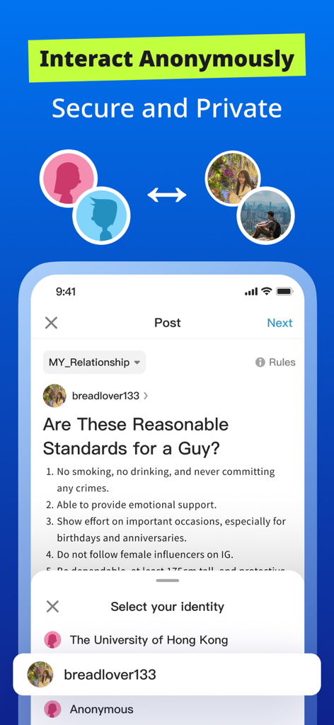 Interface of the Dcard app showing options to post anonymously or with a nickname in a relationship community board.