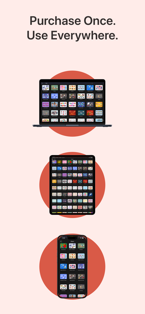 텍스트 '한 번 구매하여 어디서나 사용'이 표시된 MacBook, iPad 및 iPhone에서 표시되는 Microsoft Office용 도구 앱 인터페이스.