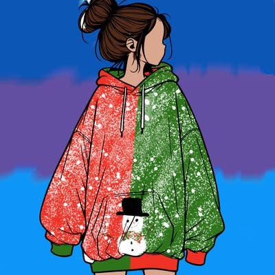 realistic girl with a oversized sweatshirt on and a bun