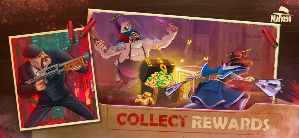 Gangster characters next to a treasure chest filled with gold coins and gems in Godfather of Mafia City.