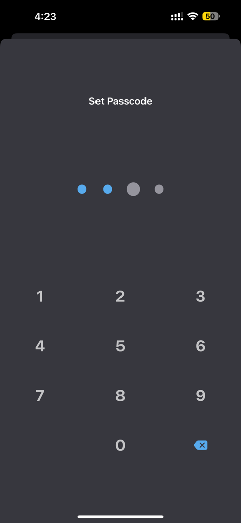 Offline: Files, Browser, VPN - Écran de définition du code d'accès avec un clavier numérique pour la sécurité de l'application