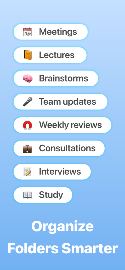 Notica - AI Meeting Notes - Une liste de catégories de réunions comme conférences, brainstormings et entretiens illustrant la fonction d'organisation de dossiers intelligents dans Notica.