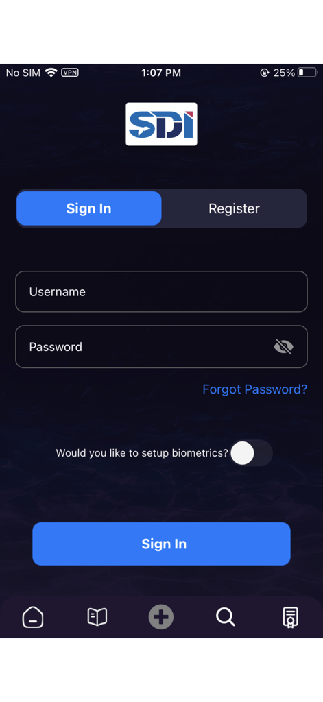 Pantalla de inicio de sesión de la aplicación de buceo SDI TDI ERDI PFI con campos de nombre de usuario y contraseña