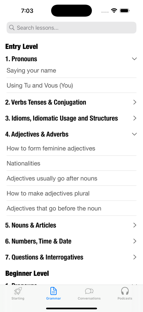 Une liste de leçons de grammaire française incluant les pronoms, les temps de verbes et les adjectifs sur une application mobile.