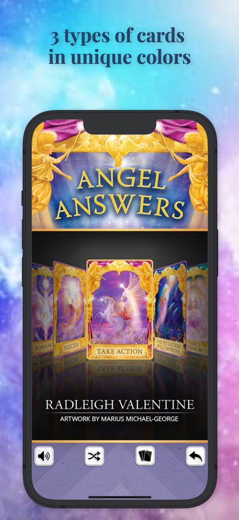 Angel Answers Oracle Cards - Smartphone screen showing the Angel Answers Oracle Cards app interface with various illustrated cards
