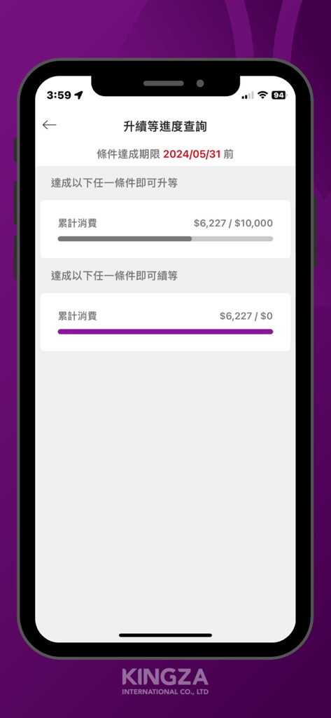 美食通 - Interface do app Foodie Pass mostrando o status de upgrade de nível de membro e barras de progresso de gastos acumulados.