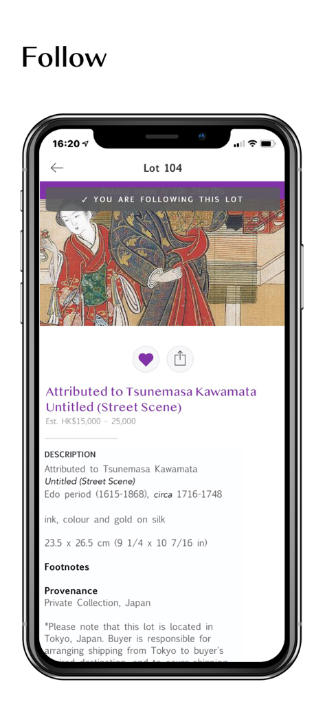 Bonhams - Smartphone screen displaying auction details and provenance for a fine art lot in the Bonhams app