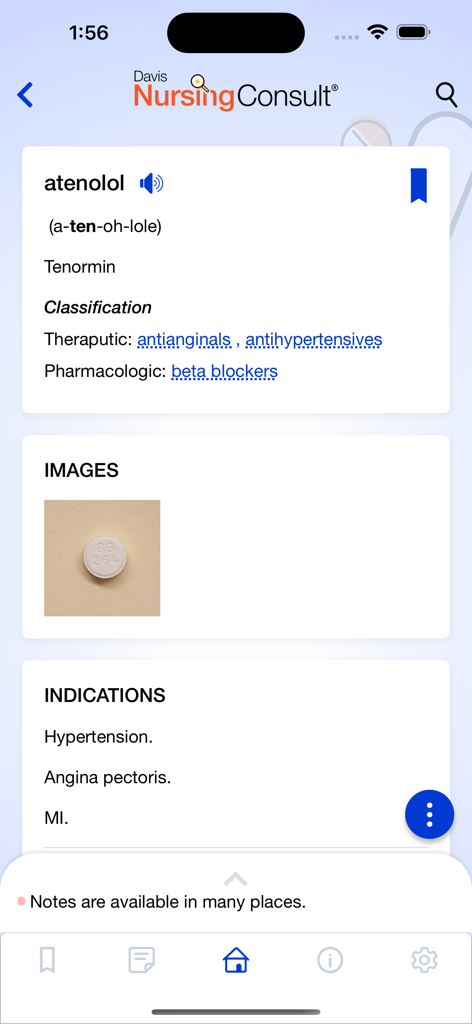 Interfaz de la aplicación móvil Davis Nursing Consult que muestra información clínica para el fármaco atenolol, incluida la pronunciación, clasificación e imagen de la pastilla.