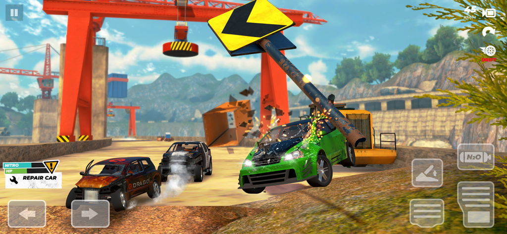 Demolition Derby - CrashOut - Action gameplay showing cars crashing and a falling traffic sign on a construction site track.