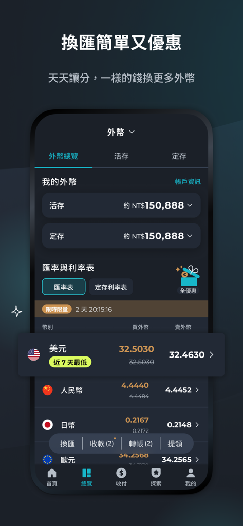 Richart - Interface de l'application de banque numérique Richart montrant les taux de change des devises étrangères et les soldes des comptes en mode sombre