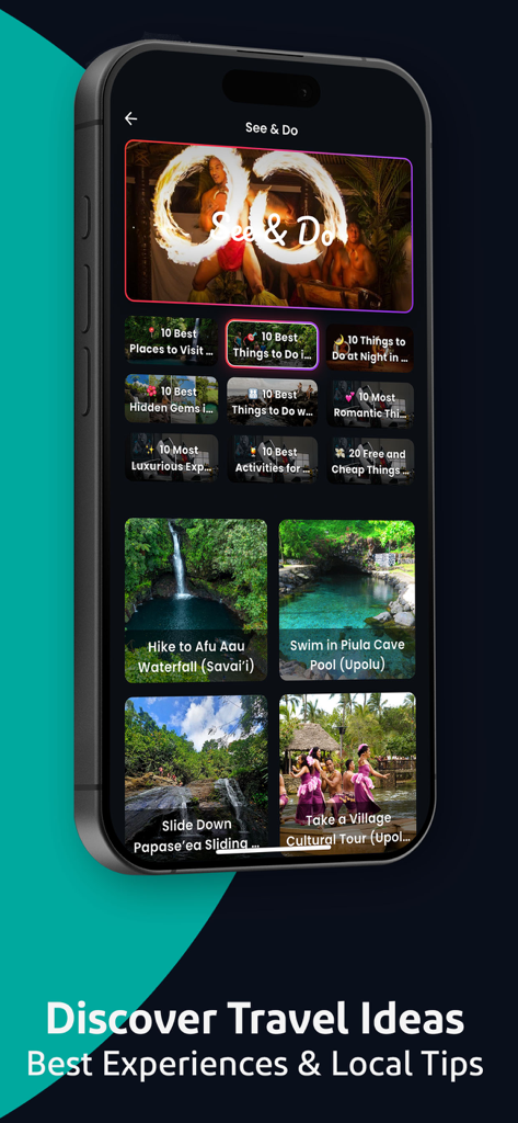 Discover Samoa - Aplicación Discover Samoa mostrando ideas de viaje y atracciones locales en la pantalla de un smartphone
