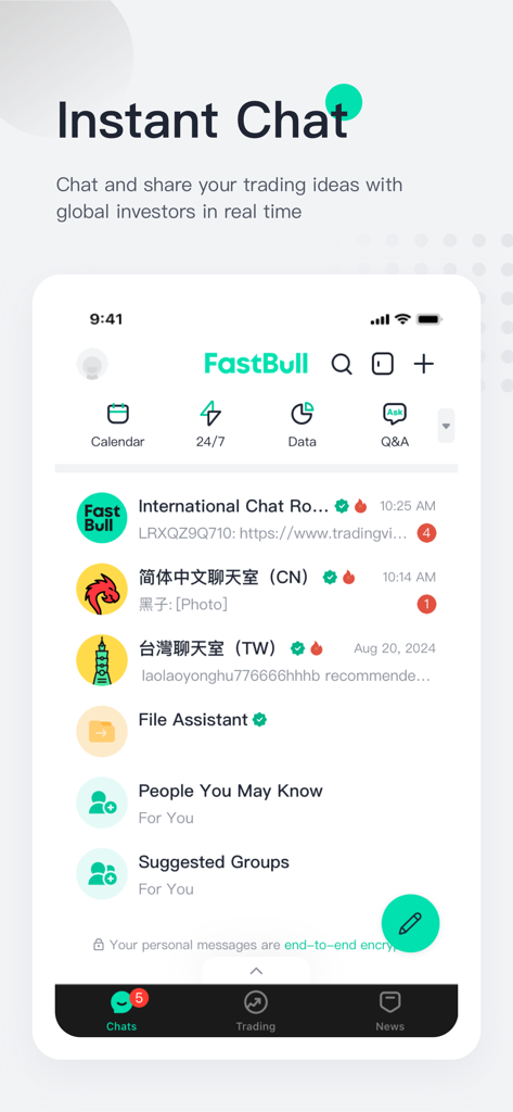 FastBull:Finance Charts & Chat - Una pantalla de aplicación móvil de la función de chat instantáneo de FastBull que muestra salas de chat de trading globales y grupos de discusión de la comunidad.