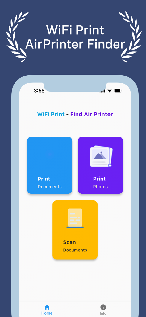 iPrint Air Printerアプリのメインメニュー。ドキュメント、写真の印刷、ドキュメントのスキャンのオプションが表示されています
