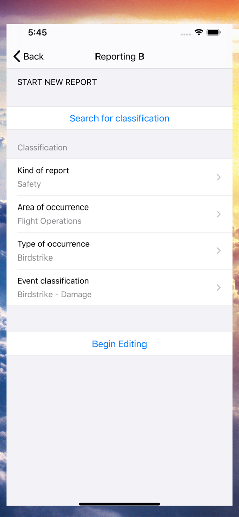 IQSMS Reporting B - IQSMS Reporting B app screen showing classification fields for a new aviation safety report