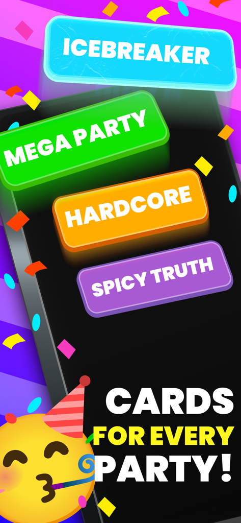 Party Game - Melo - Melo party game app screen displaying various game modes like Icebreaker and Hardcore with colorful card decks