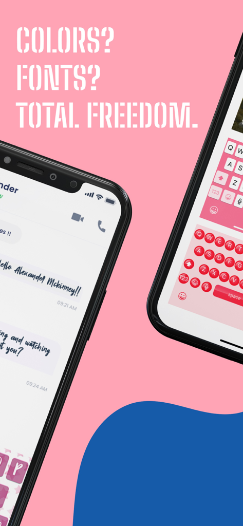Fonts Keyboard + facemoji - Pantalla de iPhone que muestra un teclado rosa personalizado y estilos de fuente únicos para mensajes en redes sociales
