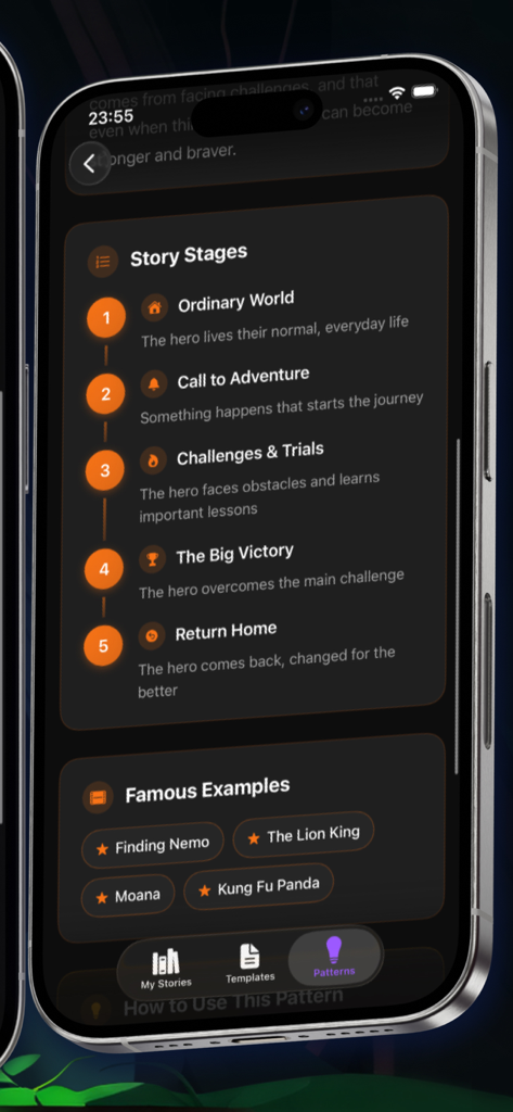 Interface of the Little Story Maker app showing the five stages of a story structure with famous movie examples