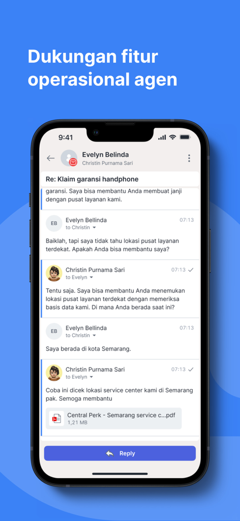 Qontak Chat mobile app interface showing a customer support message thread