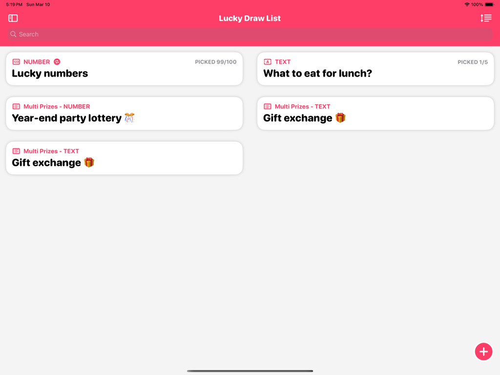 Lucky Draw Pro - Random Picker - The main dashboard of the Lucky Draw Pro app on an iPad showing various lottery categories like lucky numbers and gift exchange.