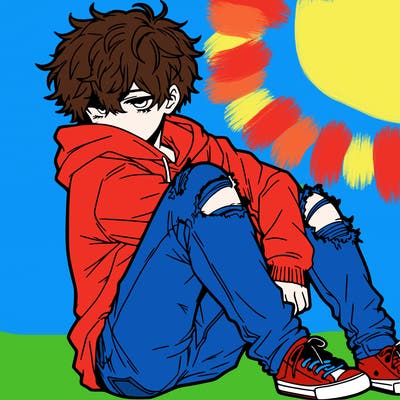 a male hoddie ripped jeans messy hair anime