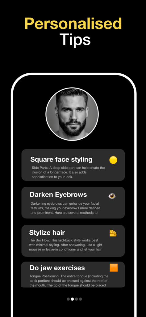 Mobile app screen displaying personalized grooming and facial improvement tips for men
