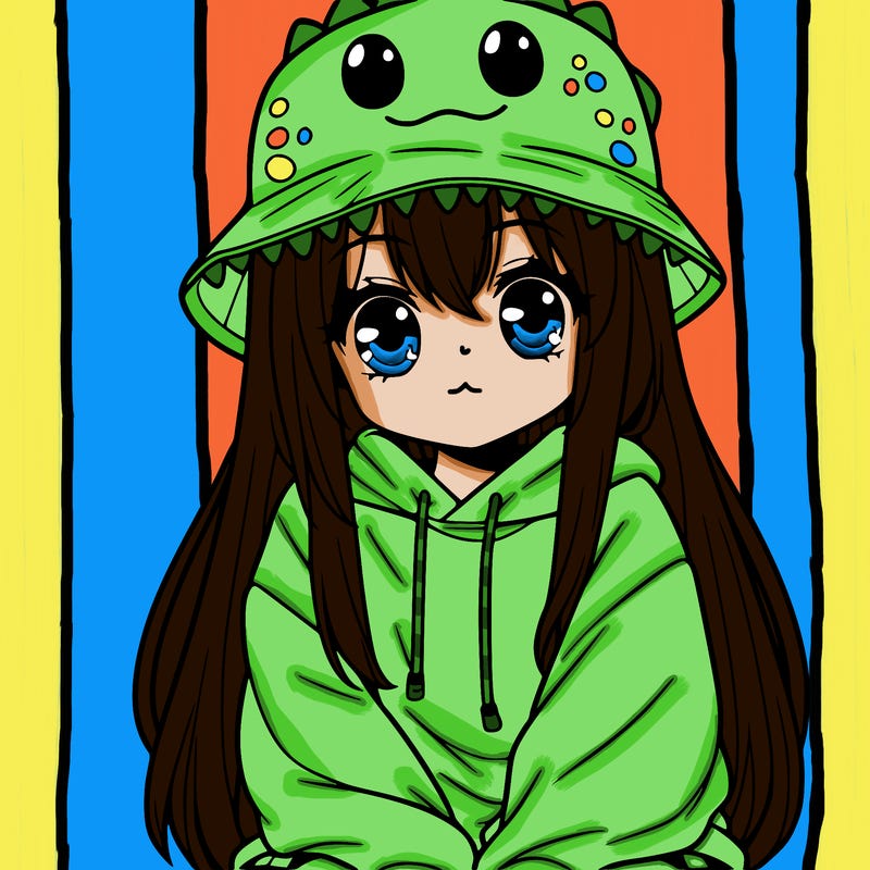 girl with anime shaped eyes with a dinosaur bucket hat oversized sweatshirt long straight hair