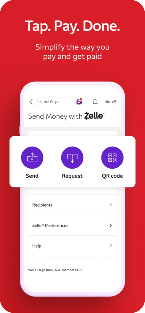 Wells Fargo Mobile app screen for sending and requesting money with Zelle