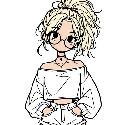 girl with a messy ponytail glasses a baggy crop top and jean shorts