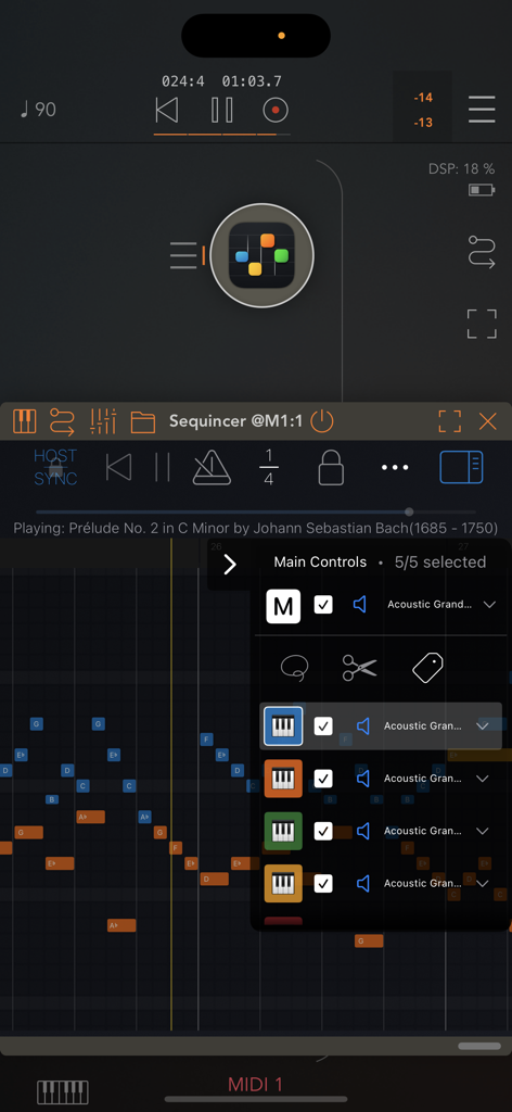 Interfaz de la aplicación Sequincer mostrando el secuenciador MIDI basado en cuadrícula y el menú de control de pistas.