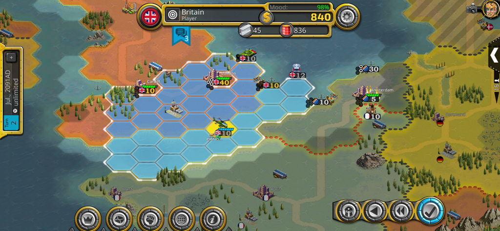 Demise of Nations - Gameplay screen of Demise of Nations showing a modern era strategy map with military units on hexagonal tiles