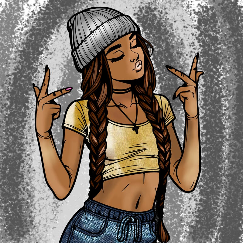 realistic teenage girl with braids and a beanie and crop top doing 🫶🏼