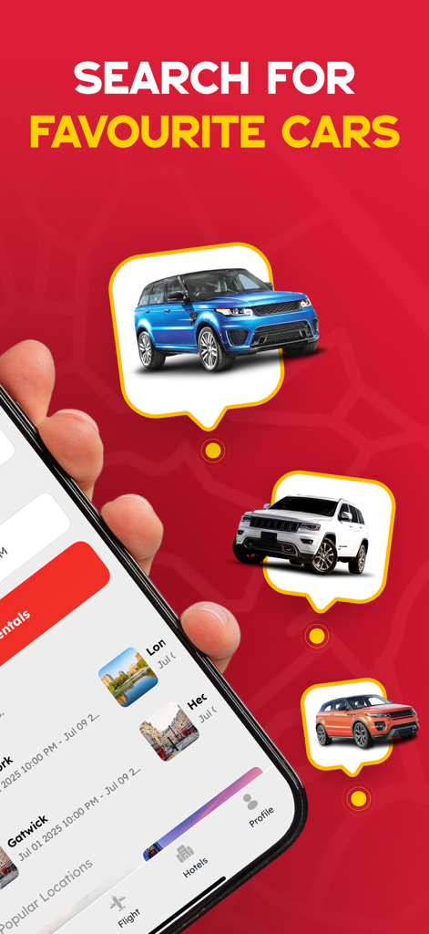 Smartphone exibindo a interface de um aplicativo de aluguel de carros com vários modelos de SUV e opções de busca